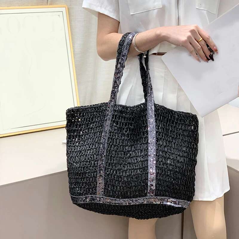 Straw Hollow Out Knitting Sequins Tote Large Capacity Handmade Shoulder Handbag Women Designer Casual Beach Bag Ethnic Style