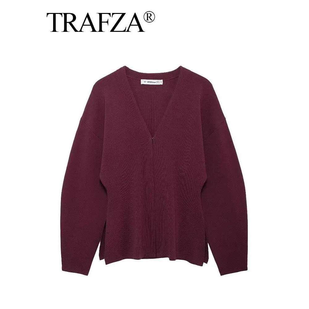 TRAFZA Women Autumn Fashion Sweater Elegant Solid V-Neck Long Sleeve Single Breasted Knitted Coat Tops Female Casual Cardigans
