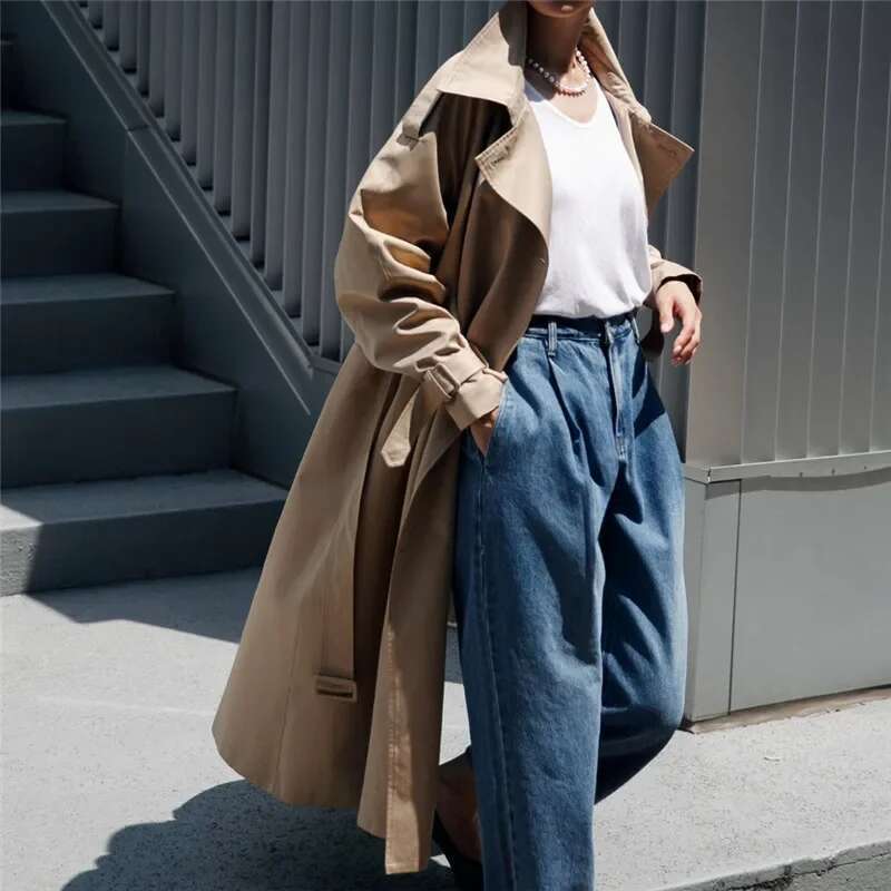 Autumn New British Style Medium-Length Korean Version Women's Fashionable Classic Loose-Fit Casual Belted Waist-Fitted Jacket Tr