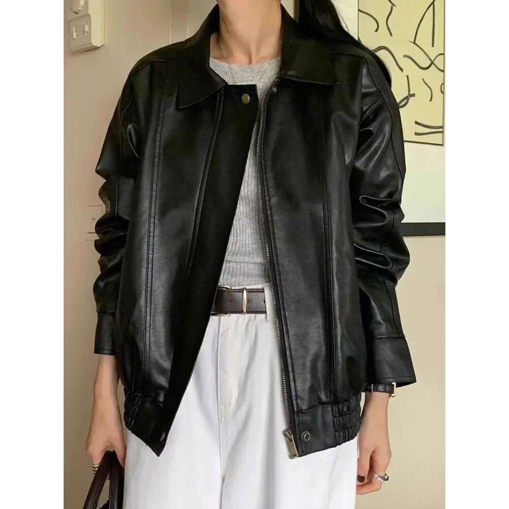Korean Chic Motorcycle Outerwears Pu Leather Chaquetas Mujer Women 2025 Jacket Loose Laple Neck Ropa Long Sleeve Casaco