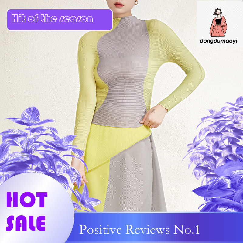 dongdumaoyi High end polo shirt, Miyake stretch T-shirt, light pleated top, women's long sleeved shirt