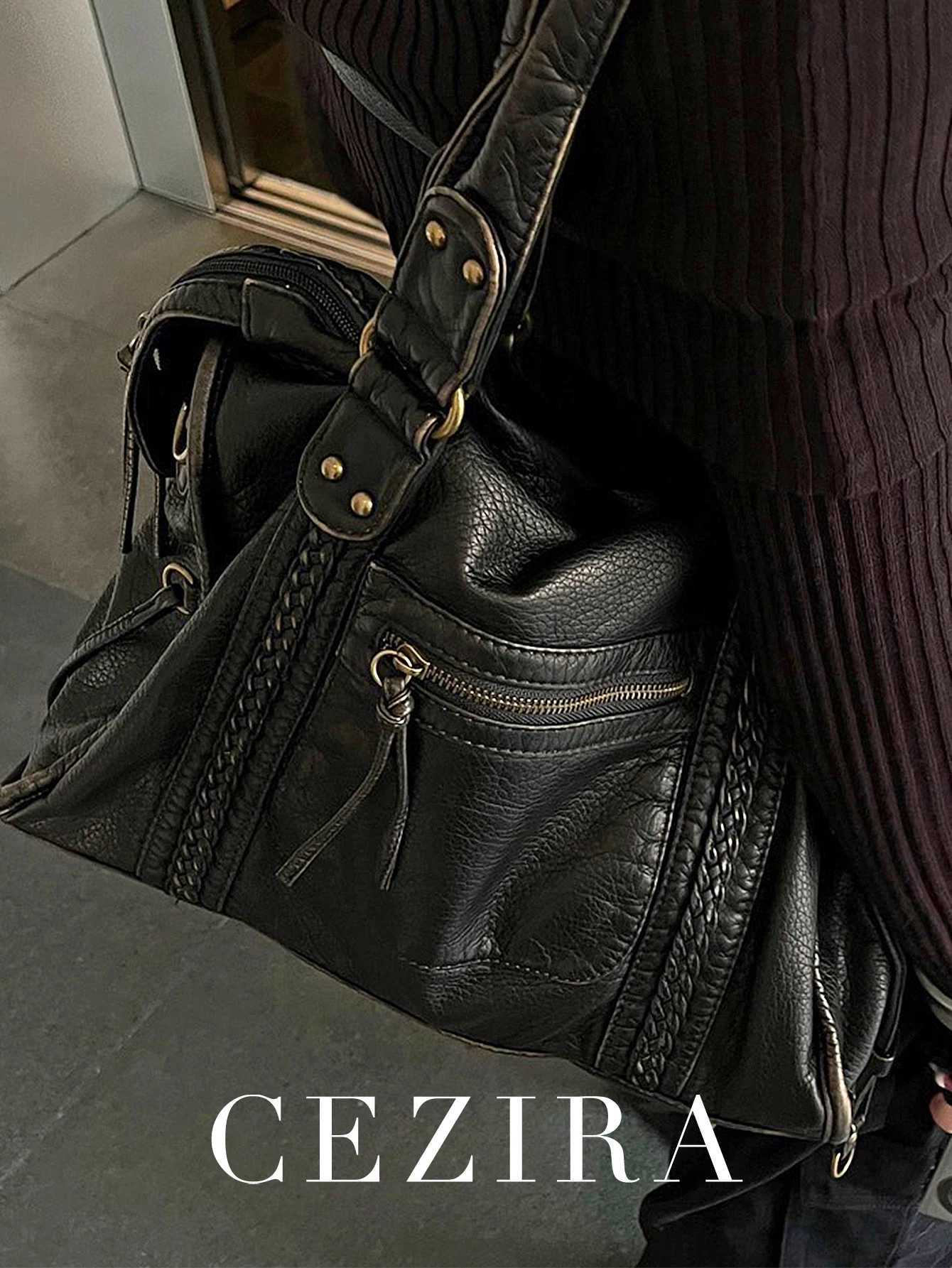 Vintage Wed PU Leather Large Capacity Tote Zip Pockets Braid Decor Shoder Cross body Bag Unisex Wen Daily Travel Handbag Z250514