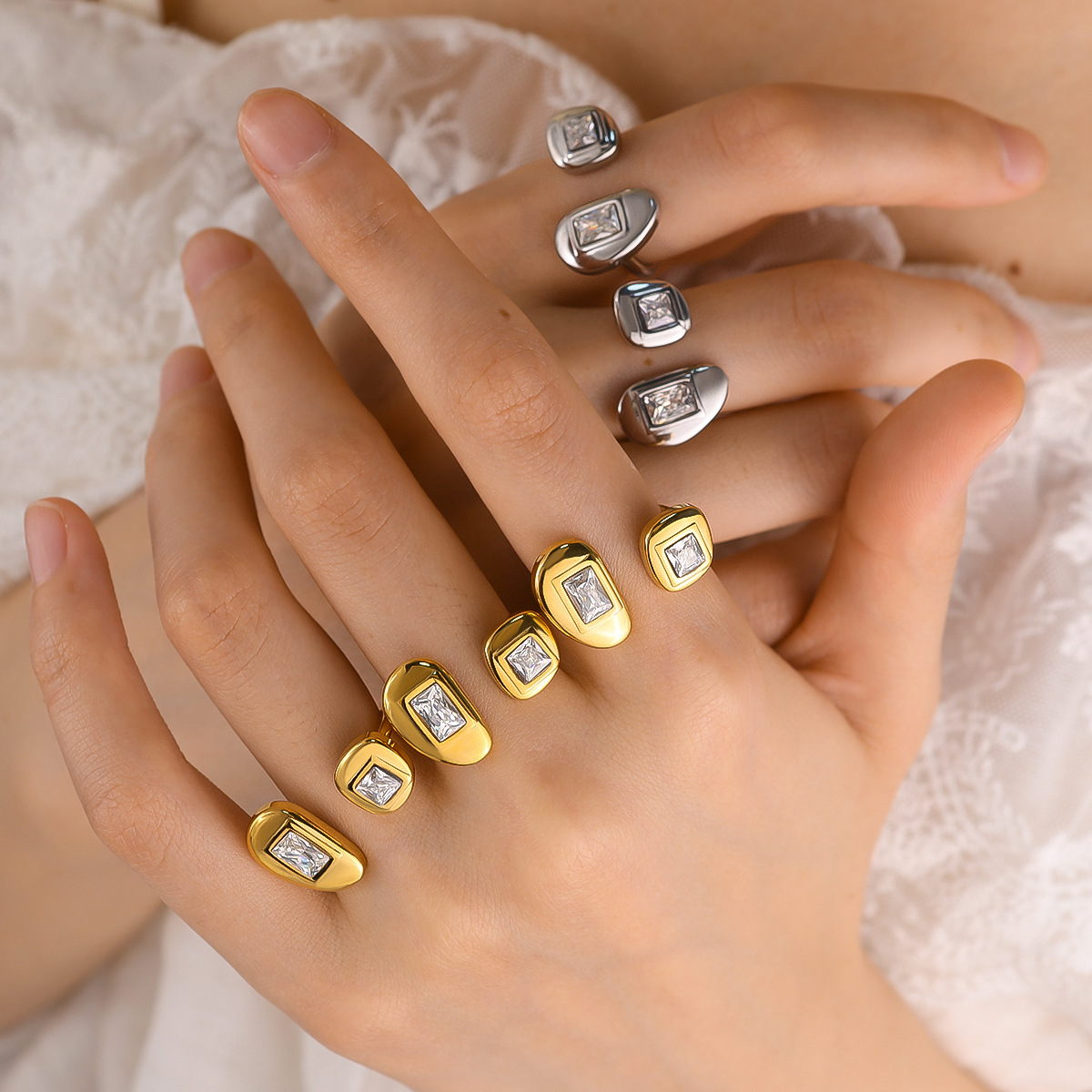 18K Gold Plated Titanium Ring with Zircon Stones, Adjustable Open Ring, High-Quality Non-Fade Women's Jewelry