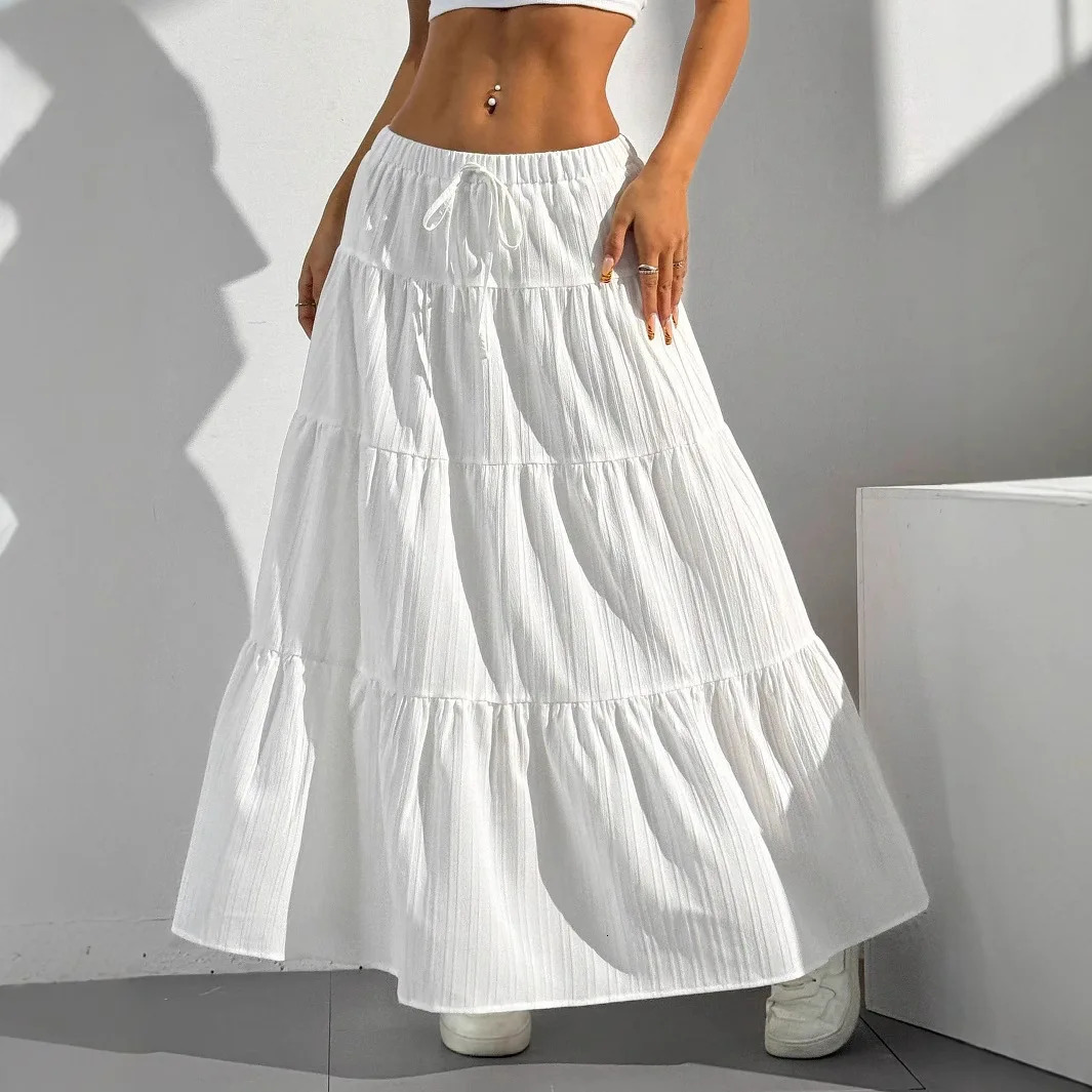 Fashion Women Loose Long Skirts White Solid Basic Lace Up Bow Spring Summer Cake Dress Casual Sweet Office Lady Clothes 250514
