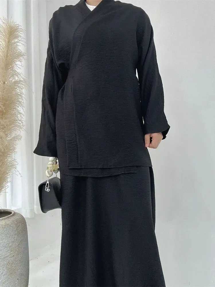 Ramadan Eid Plain 2 Piece Abaya Set Tops Skirt Modest Muslim Sets Abayas For Women Robe Caftan Marocain Femme Musulmane Kaftan X250514