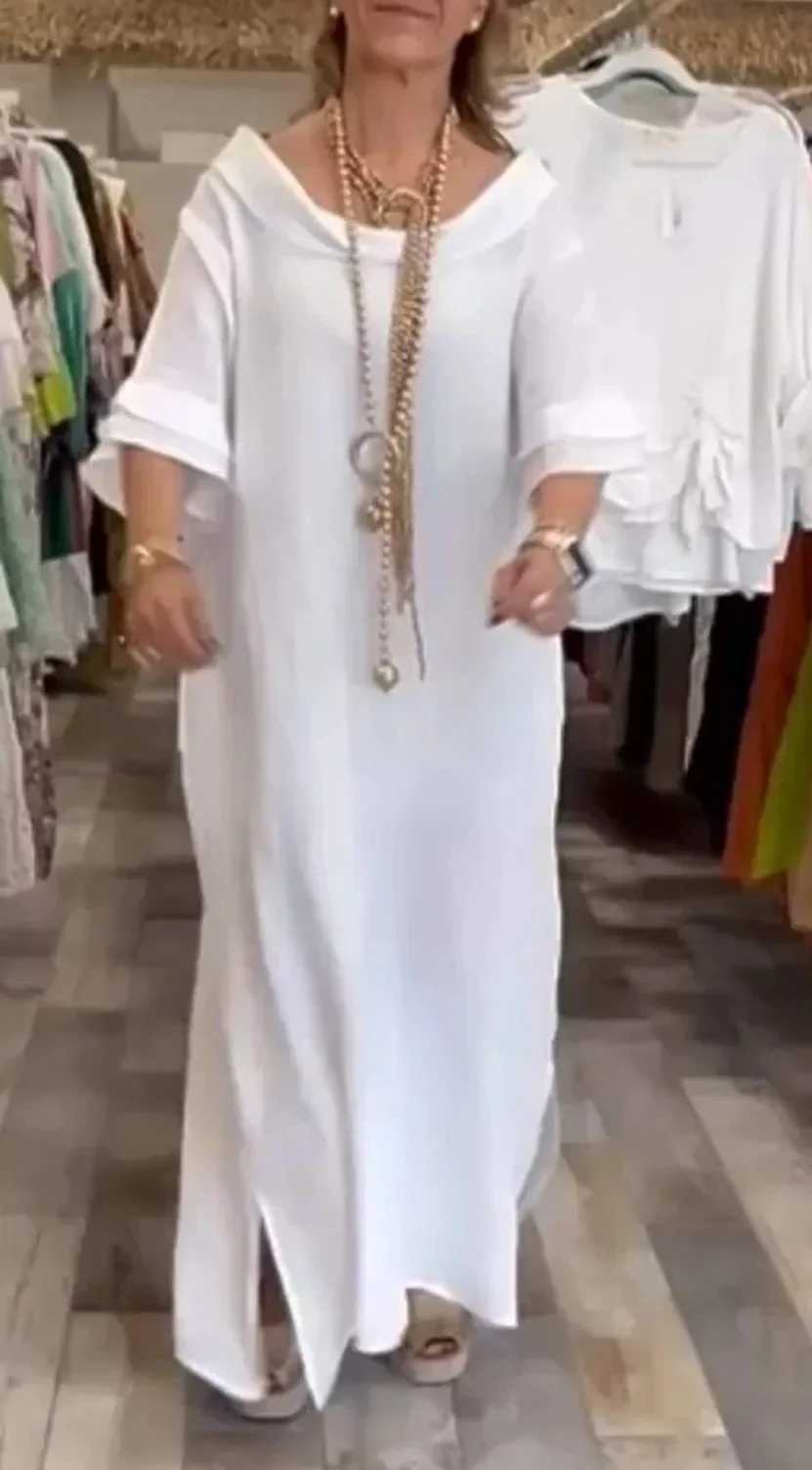2025 Autumn Cotton Linen Dress Women White Solid Half Sleeve Casual Long Dresses Female Dresses Casual Loose Elegant ClothesXJ250514