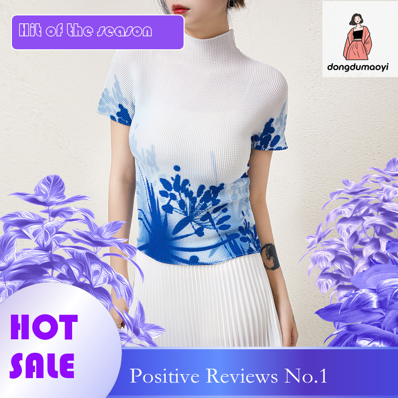 dongdumaoyi Summer new fashion women's pleated two-piece set, temperament printed T-shirt top, slimming A-line skirt, trendy