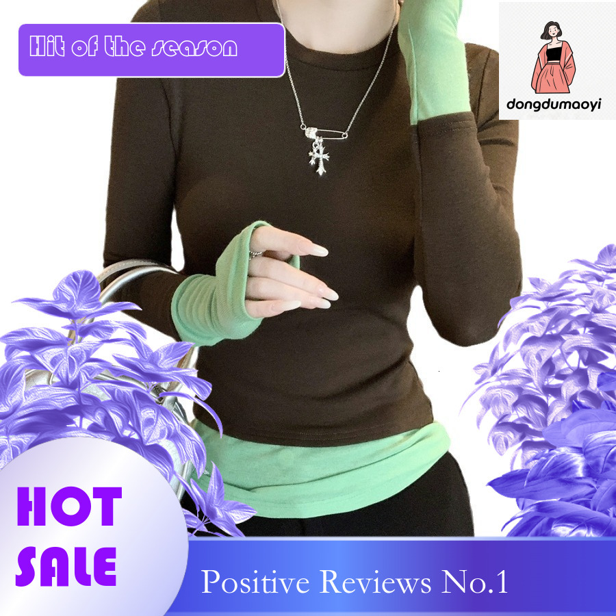 dongdumaoyi 2025 Spring Color Match Splicing Round Neck Fake Two piece Long Sleeve T-shirt for Women, Design Sense, Slim Fit Bottom Shirt Top