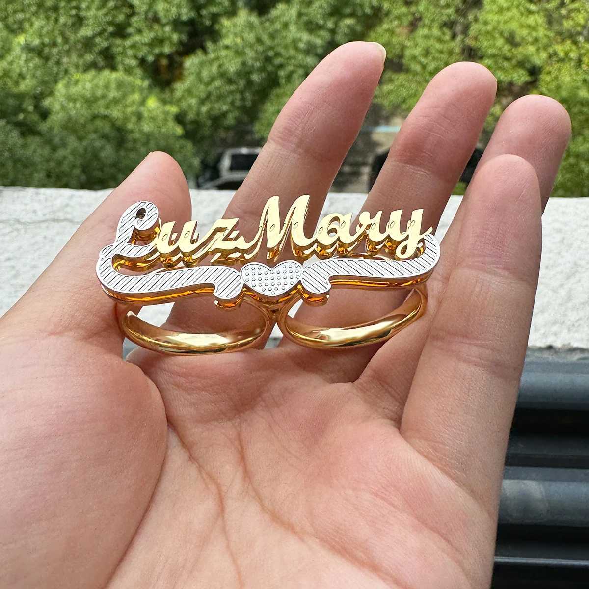 Custom Name Ring Stainl Steel Double Finger Ring Personalized 3D Double Layer Nameplate Womens Ring Jewelry Anniversary GiftXJ250514