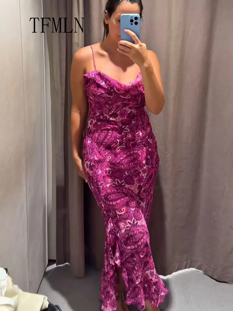 TFMLN Women Elegant Thin Sling Dress with Back Tie Up Backless n Long Dresses Summer Female Printed Beachwear 250514