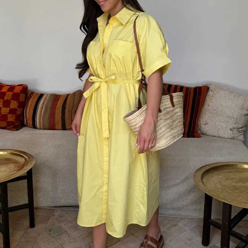 Summer Casual Lapel Tie Up Shirt Dress Retro Short Sleeved Commuter Womens Dress Elegant Single Breasted Solid Color Long DressXJ250514