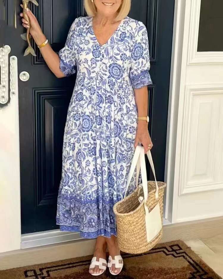 Women Clothes Dress New Large Super Fairy V Neck Fragmented Flower Dress For Beach Vacation Loose And Versatile Long Skirt KQ