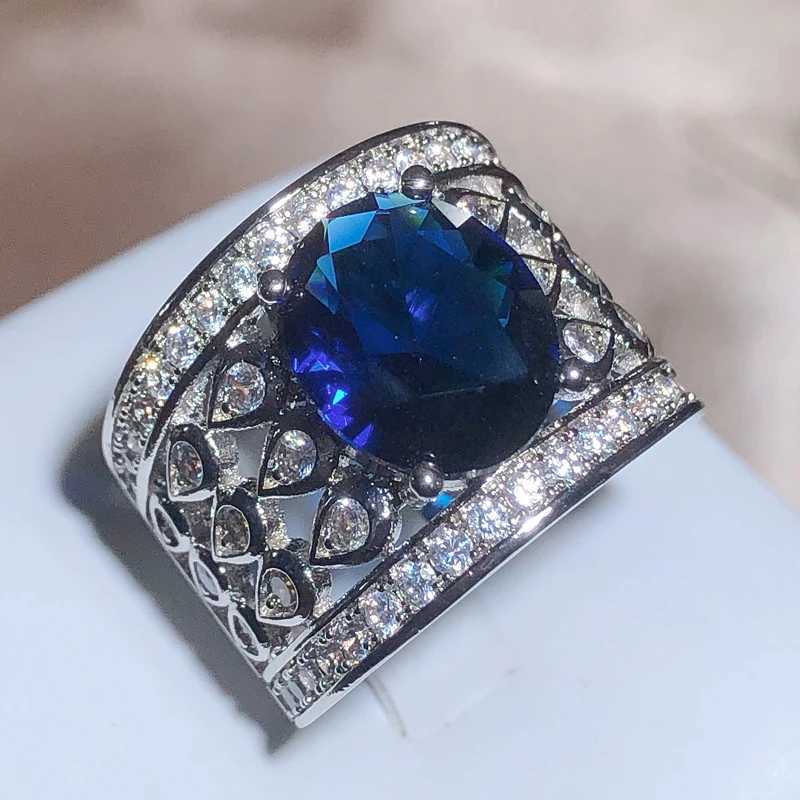 Hollow Blue Zircon Wedding Ring for Women Water Drop Net She Micro-inlaid Simulation Simple Jewelry Full Drill Engagement RingXJ250514