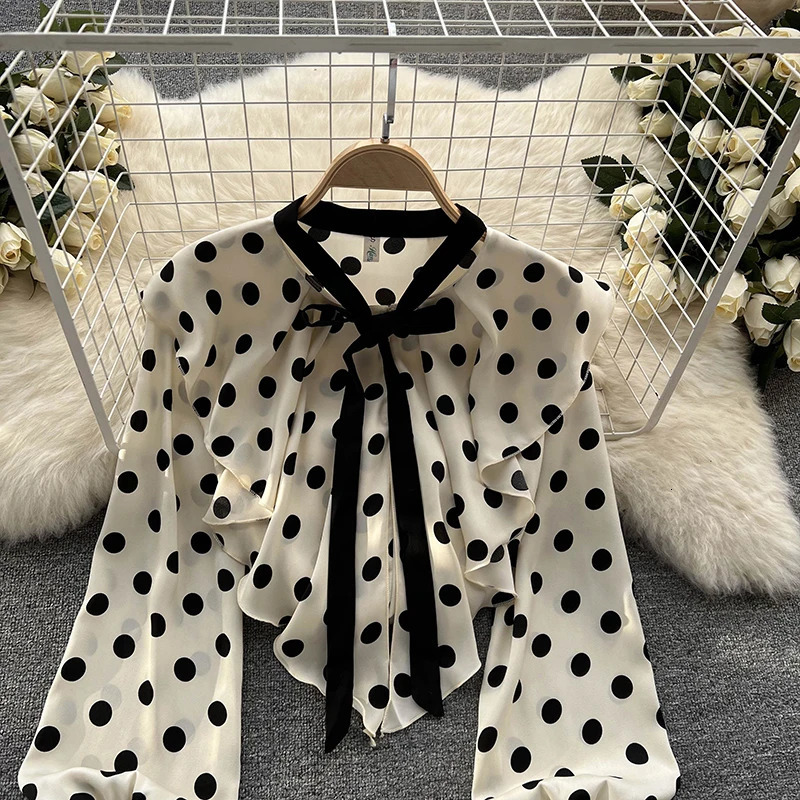 HELIAR Women Elegant Office Chiffon Shirts Polka Dot Printed Long Sleeve Blouse Ruffles Sweet Tops Casual Thin Harajuku Tees 250514