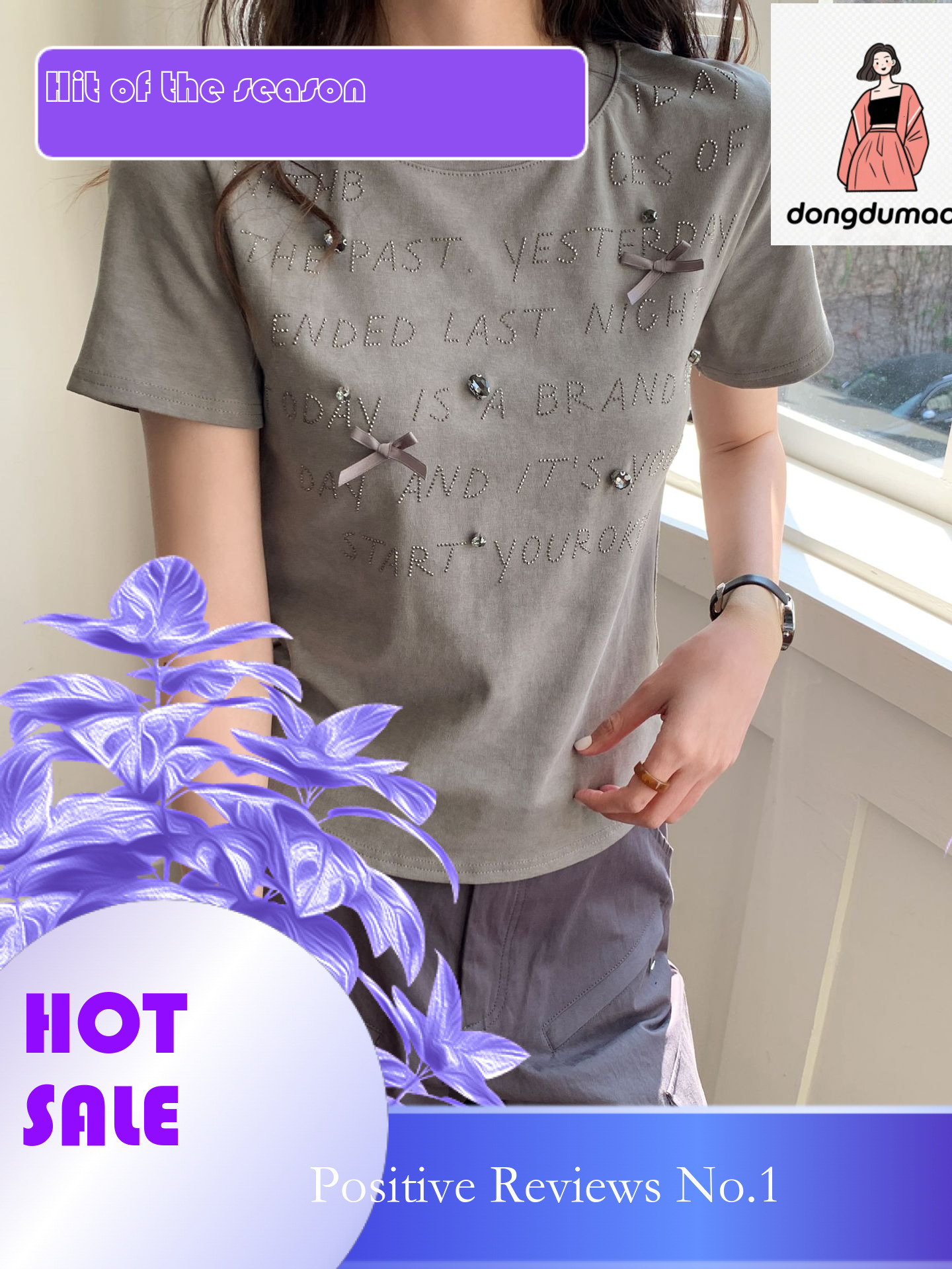 dongdumaoyi Bow heavy industry diamond inlaid gray shoulder short sleeved T-shirt for women's summer style, unique slim fit and slimming round ne