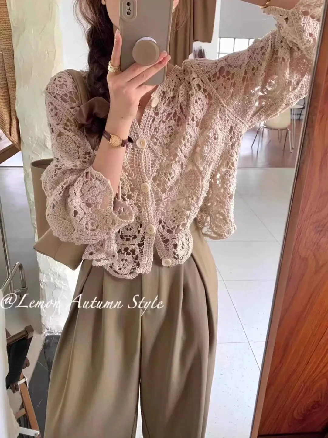 Long Sleeve Crochet Knit Top Beach Bikini Cover Up Buttonup Cardigan Blouse Women blusas para mujer Vacation Boho Outfit 250514