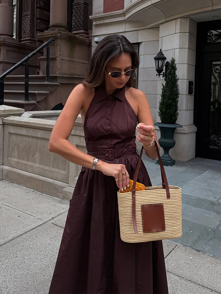 Elegant Halter Sleeveless Long Dress Women Single Breasted Lapel Belts Pocket White Aline Dresses Summer Street Holiday 250514