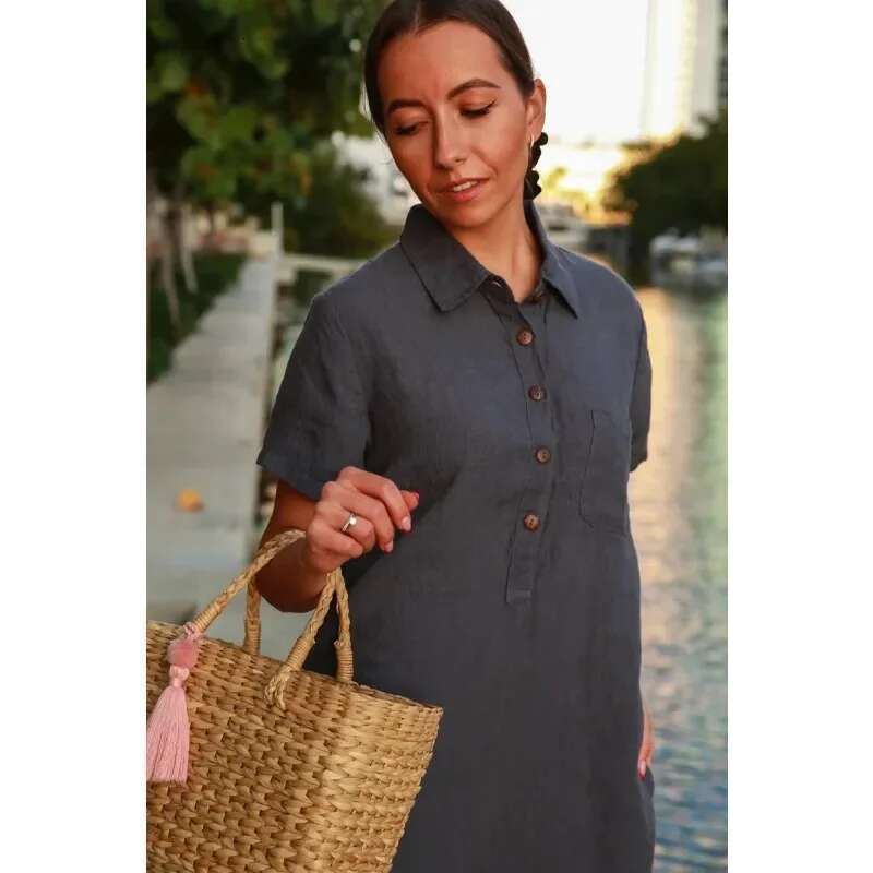 Summer You Are A Women's Oversized Loose Cotton with Button Up Collar Shirt Pocket Solid Color Casual Dress plus size