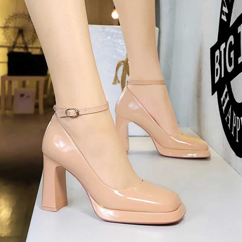 European American Style Simple Thick Heeled Super High Heel Waterproof Platform Patent Leather Square Head Strap Single Shoes W250514