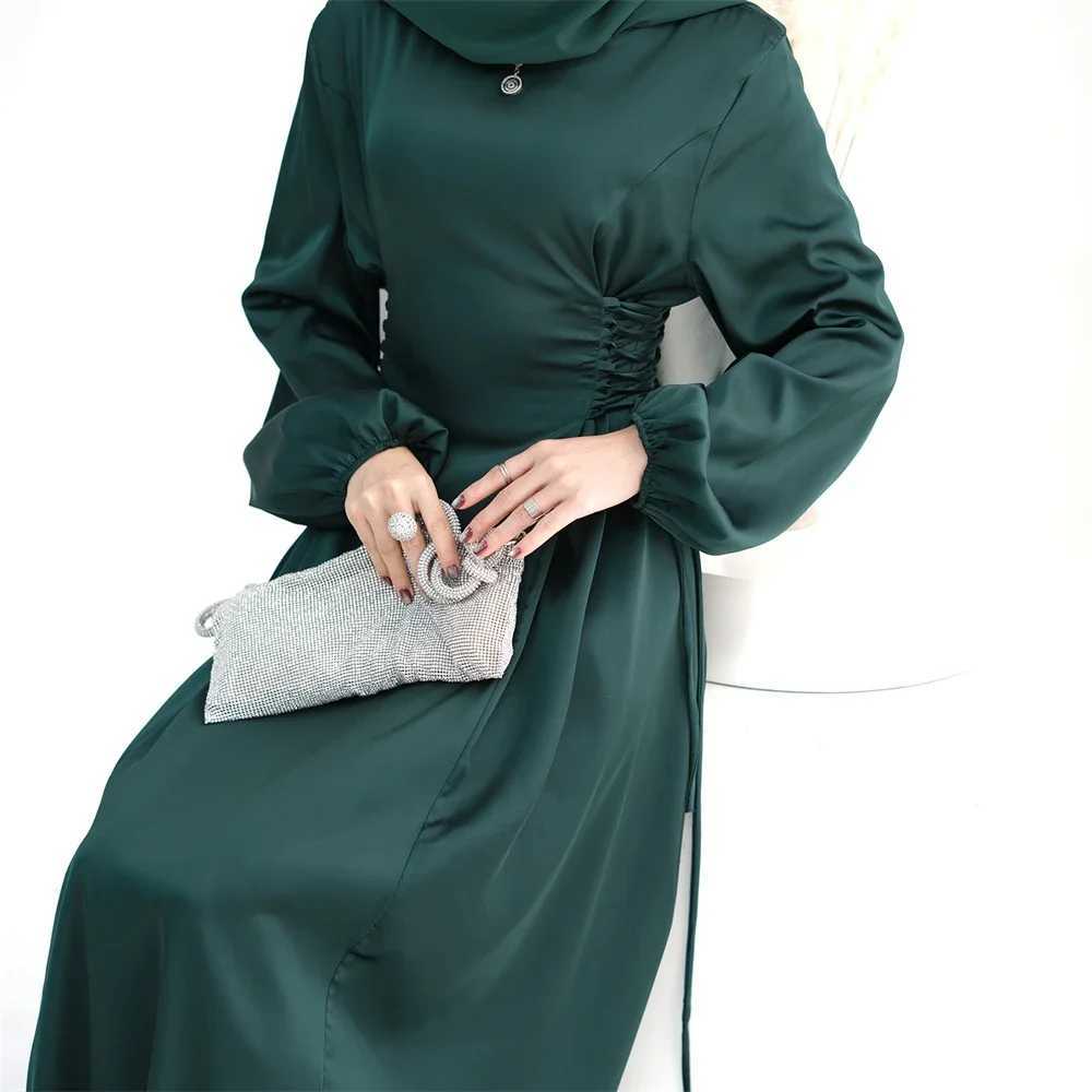 Lace Up Satin Dress Muslim Women Long Slves Dubai Turkey Modest Robe Islamic Clothing Elegant Abaya Gown Ramadan Eid Party X250514