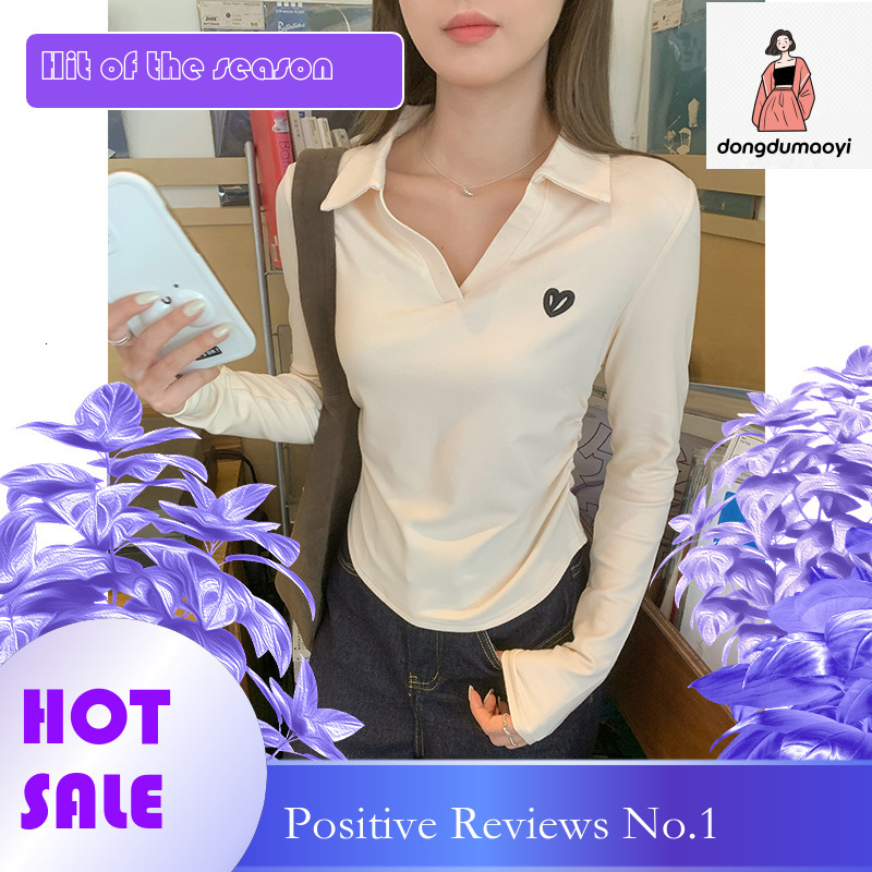 dongdumaoyi 2024 autumn polo collar shoulder long sleeved women's t-shirt pleated curved hem for slimming effect, paired with a base shirt and to