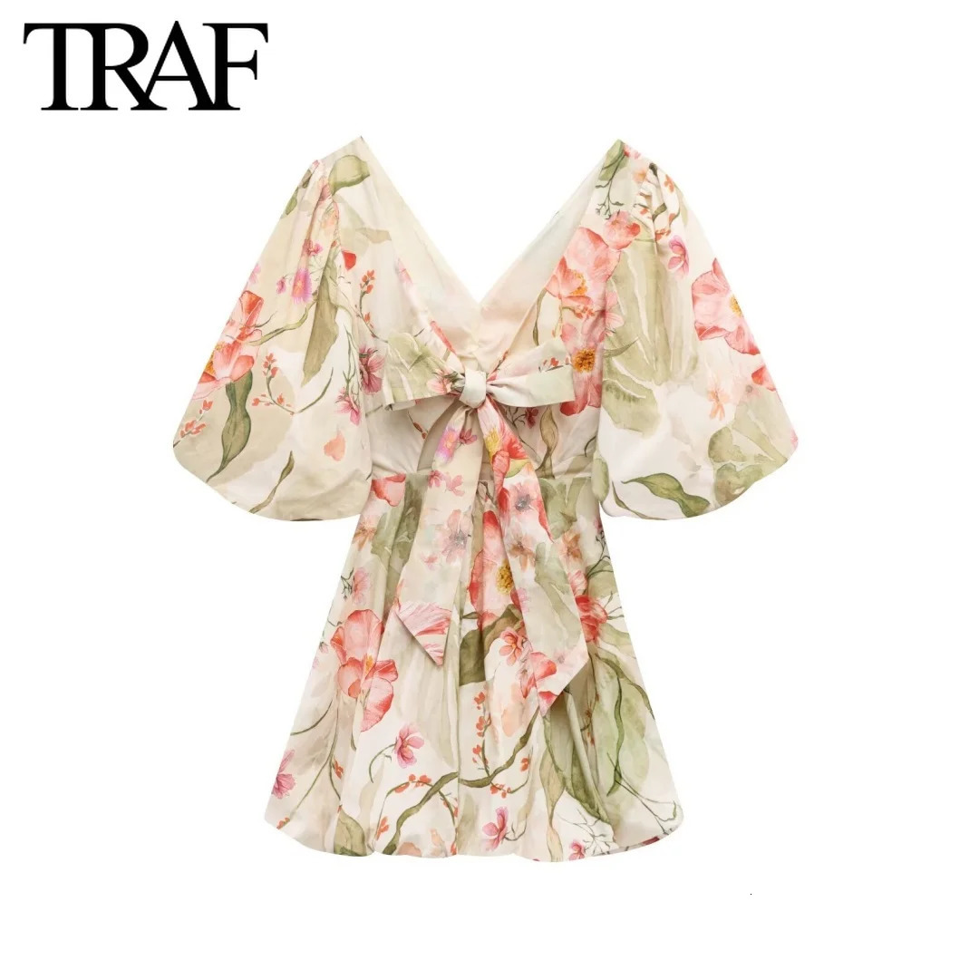 TRAF Dress for Women Fashion Summer Printing Bow Short Sleeved Vneck Mini Dresses French Chic Female Evening Clothing 250514