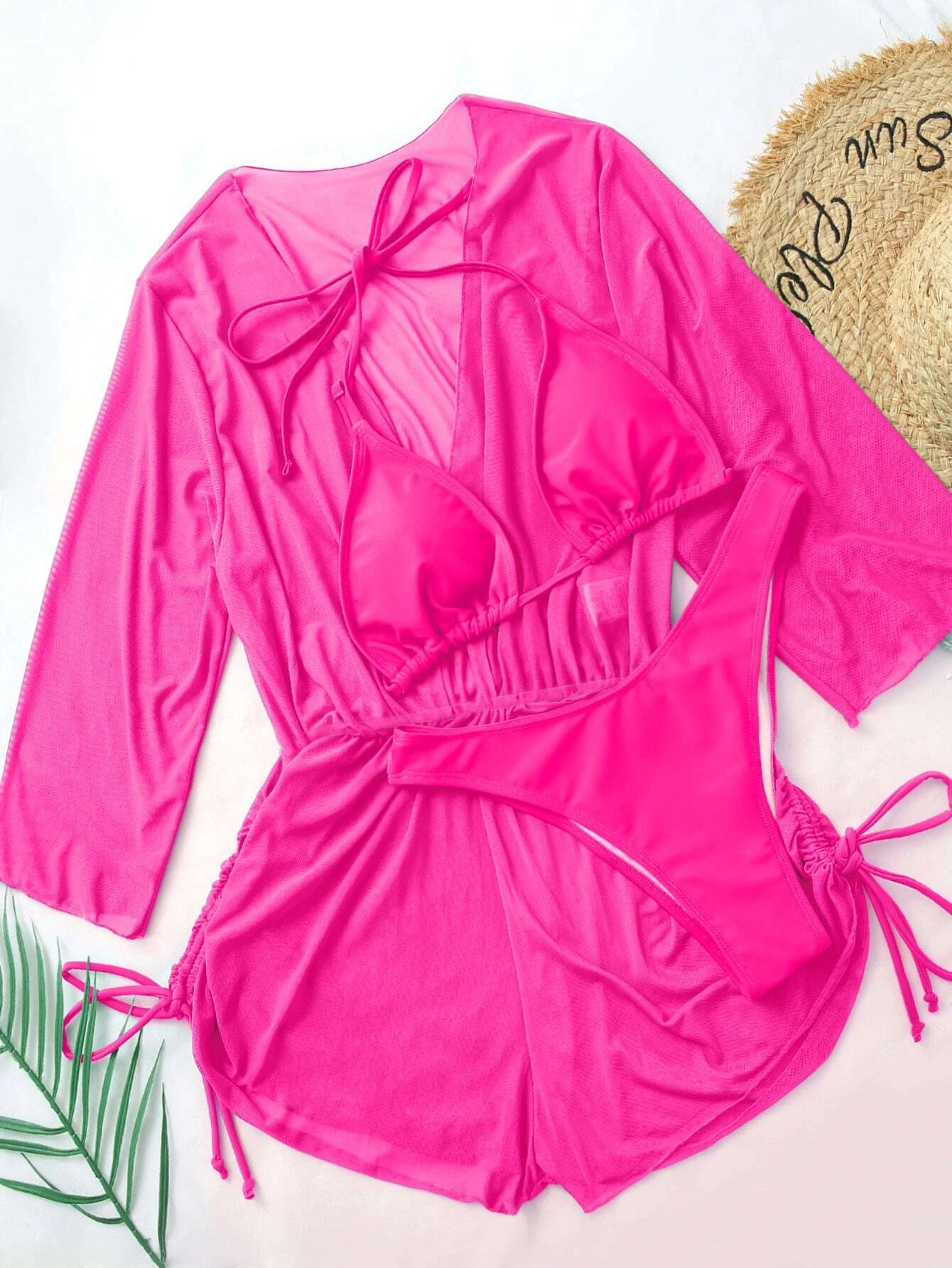 Women's Swimwear Rose red three piece swimsuit split neck strap bikini women's sexy high-end beachwear long sleeved