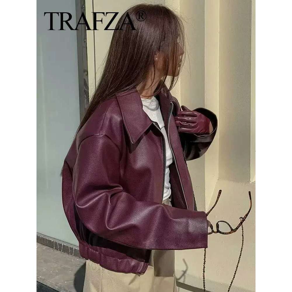 TRAFZA Wine Red Faux Leather Jakcet Fashion Outerwear Thicken Zipper Lapel Pu Coats Autumn Winter Streetwear Ladies Tops Women Designer