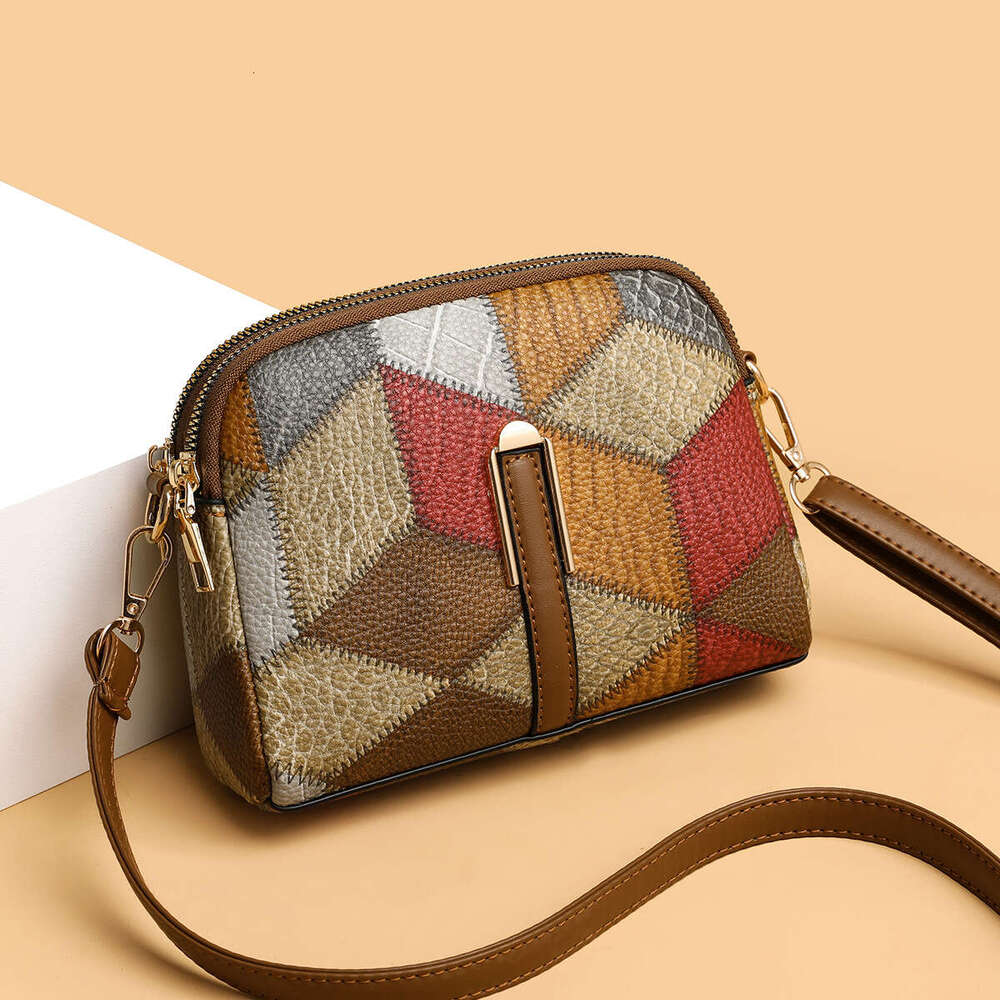 2025 Color blocked Splicing Versatile National Style Double Zipper Single Shoulder Crossover Change Phone Bag New Casual Fashion Trend
