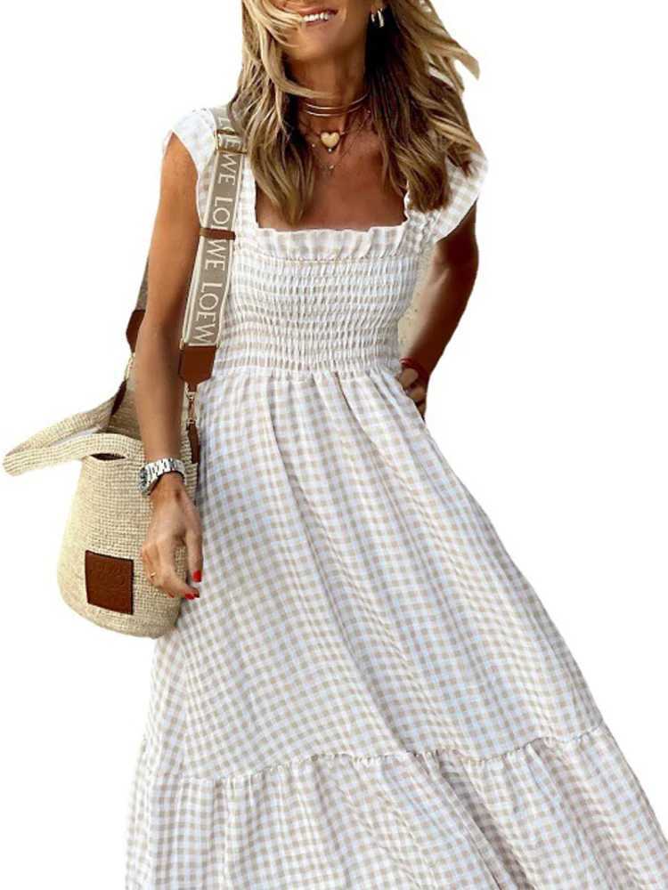 Elegant Plaid Slip Maxi Long Dress Summer Women Strapless Ruffle Backless Pleated Elastic Waist Boho Party Swing Loose DressesXJ250514