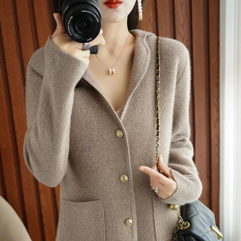 Autumn And Winter New 100 Pure Wool Knitted Cardigan Ladies Lapel Sweater Solid Color Long-Sleeved Jacket Cashmere Casual Top