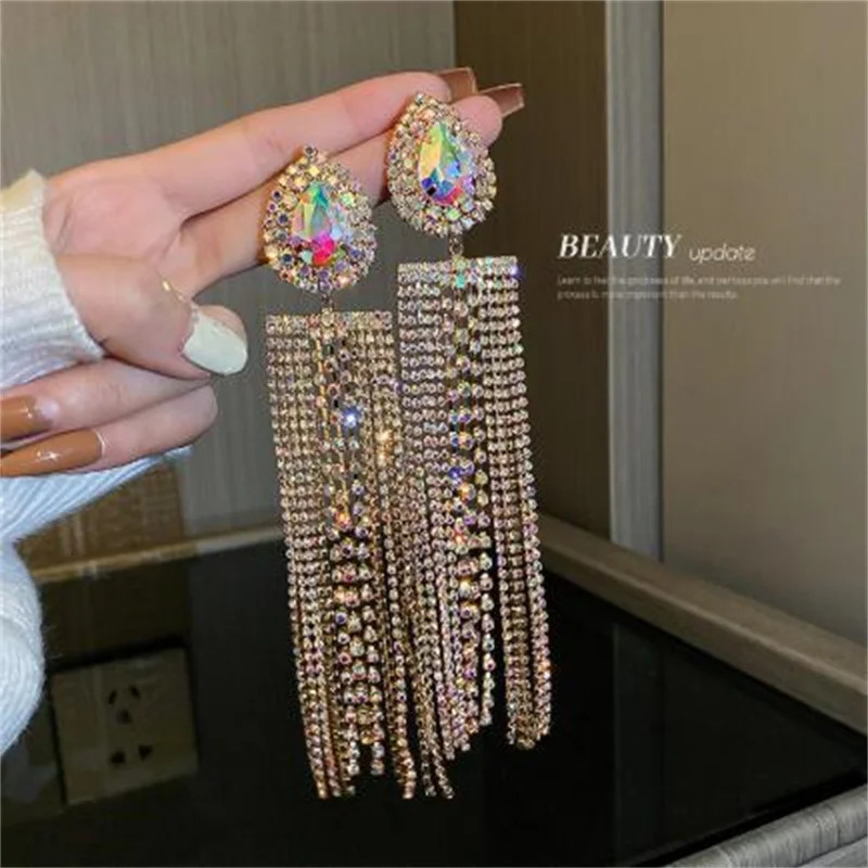 FYUAN Black Gold Color Water Drop Crystal Earrings Oversize Long Tassel Rhinestone for Women Dangle Earring Statement Jewelry 250513