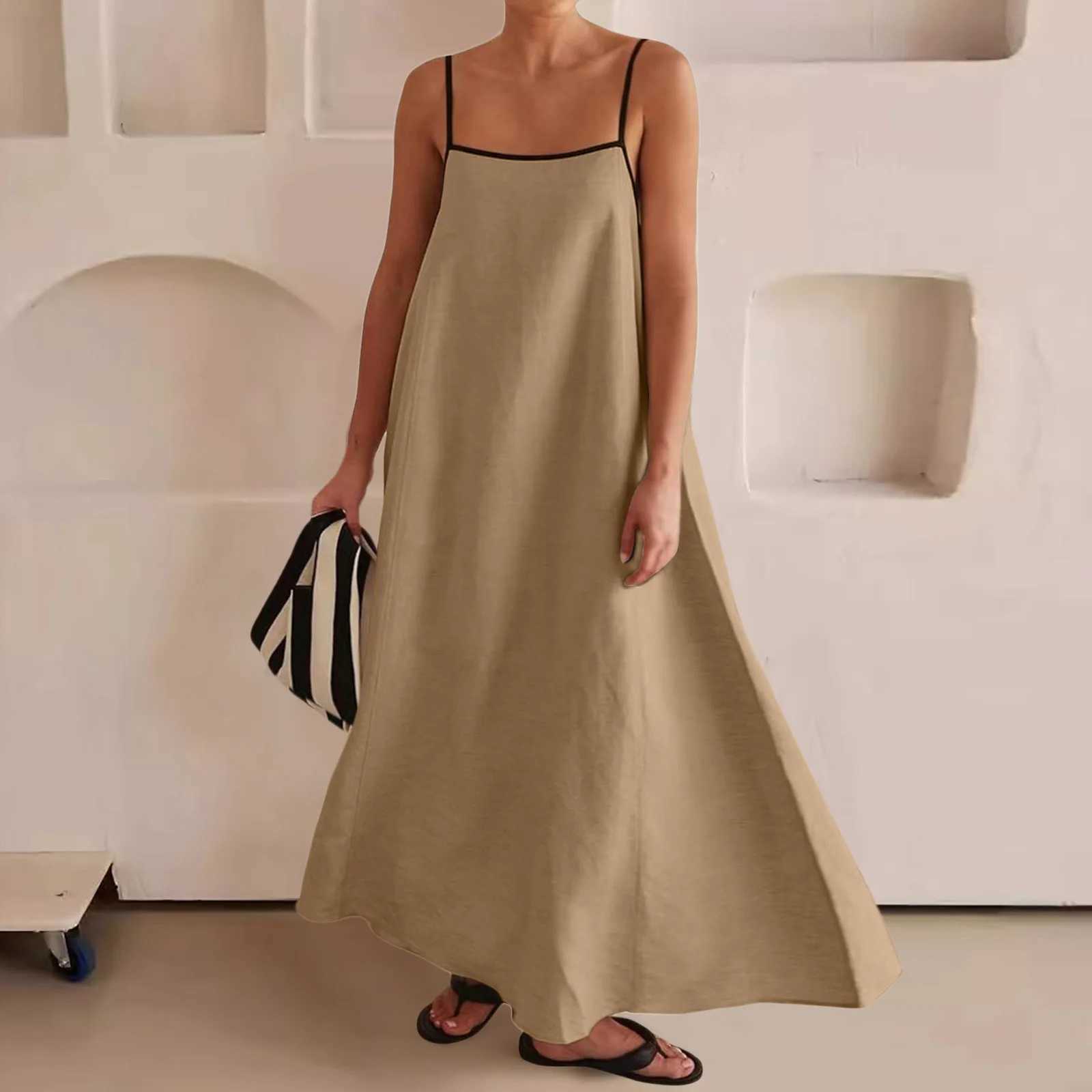 2024 Summer Women Cotton And Linen Maxi Sling Dress Casual Loose Big Hem Solid Vacation Khaki Wihte Sleeveless Dresses Robes Y2KXJ250514