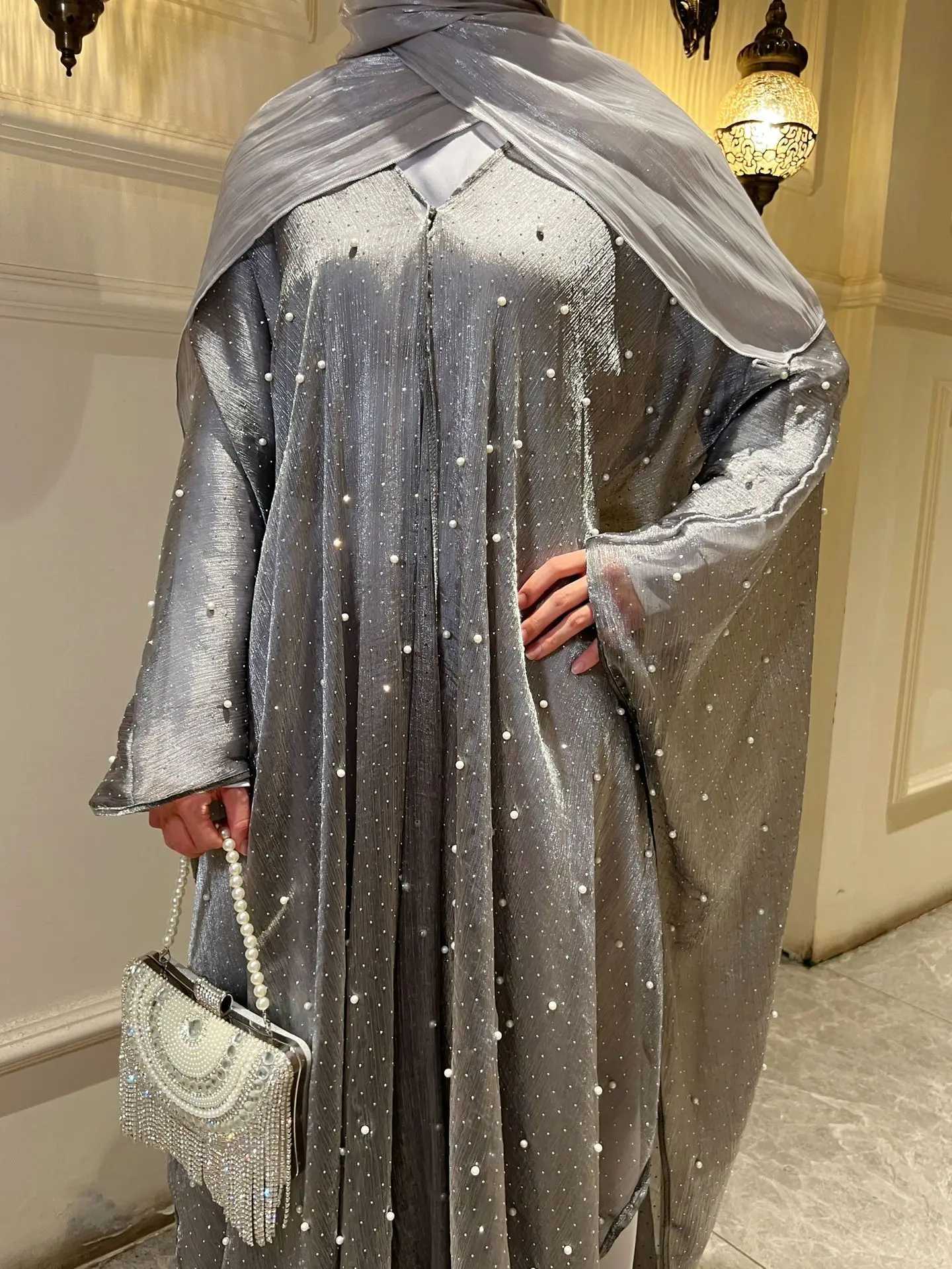 Fashion Open Abaya Shiny Kimono Cardigan Women Muslim 2 Piece Set Maxi Dress Dubai Turkey Kaftan Ramadan Eid Robe Gown Jalabiya X250514