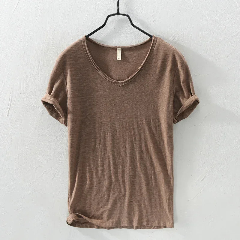 Summer 100% Cotton T-shirt Men V-neck Solid Color Casual T Shirt Basic Tees Plus Size Short Sleeve Tops Y2449 250513