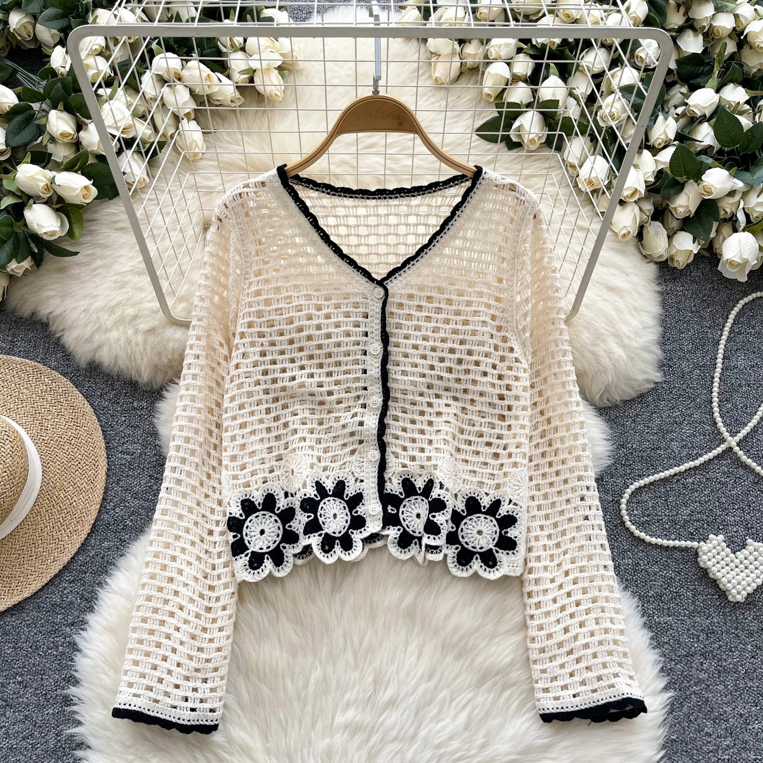 Floral Crochet Top Long Sleeve Sheer Open Knit Button Up Crop Blouse Women Teengirl Spring Summer Fairycore Boho Vacation Outfit 250514