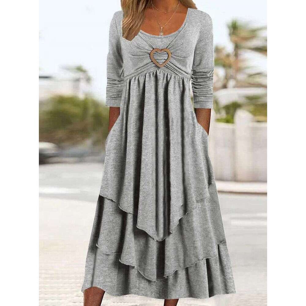 Women Clothes Dress Spring And Autumn New Solid Color Waistband Love Decoration By Layer Cake Hem Casual Dress KQ