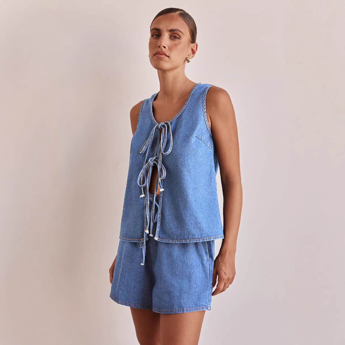 Summer fashion casual sleeveless lace up high waisted womens vest denim suit shorts