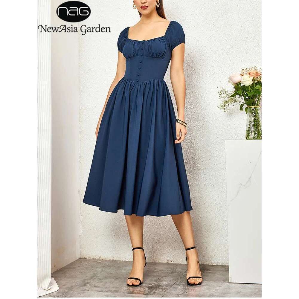 NewAsia Women's Short Sleeves Square Neck Midi Corset Dress Flowy Swing A line Fashion Casual Long Dresses Navy Summer