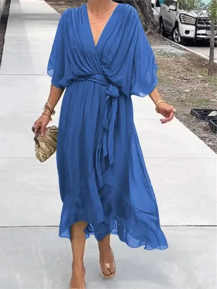Summer New Womens Dress Solid Color Bat Sleeves Half-sleeved Lace-up Sexy V-neck Long Dress Fashionable Irregular Long DressXJ250514