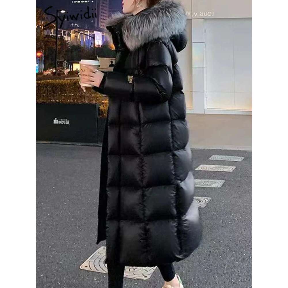 Syiwidii Black Parkas For Women Thermal Single Breasted Zipper Loose Hooded Coat Winter 2024 New Fashion Female Long Outerwear