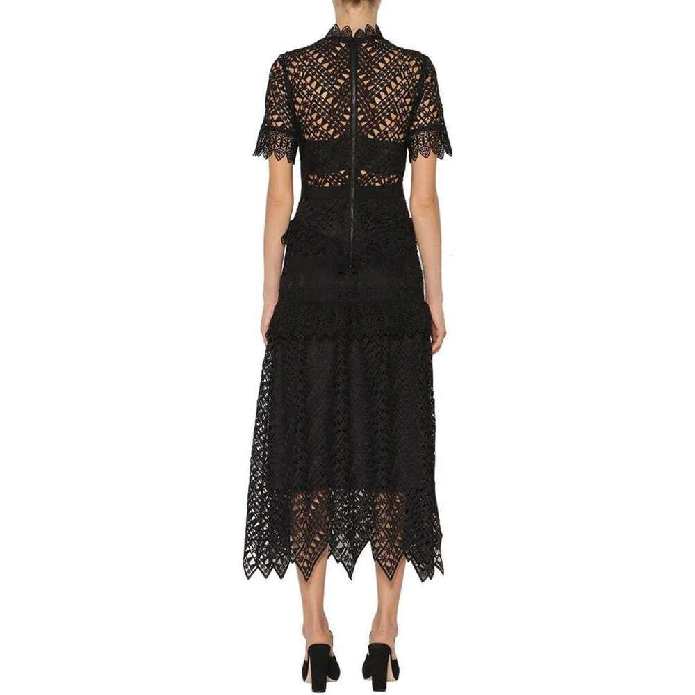 VGH Vintage Lace Irregular Dresses For Women Stand Collar Short Sleeve High Waist Spliced Ruffles Sexy Sheer Folds Dress Female