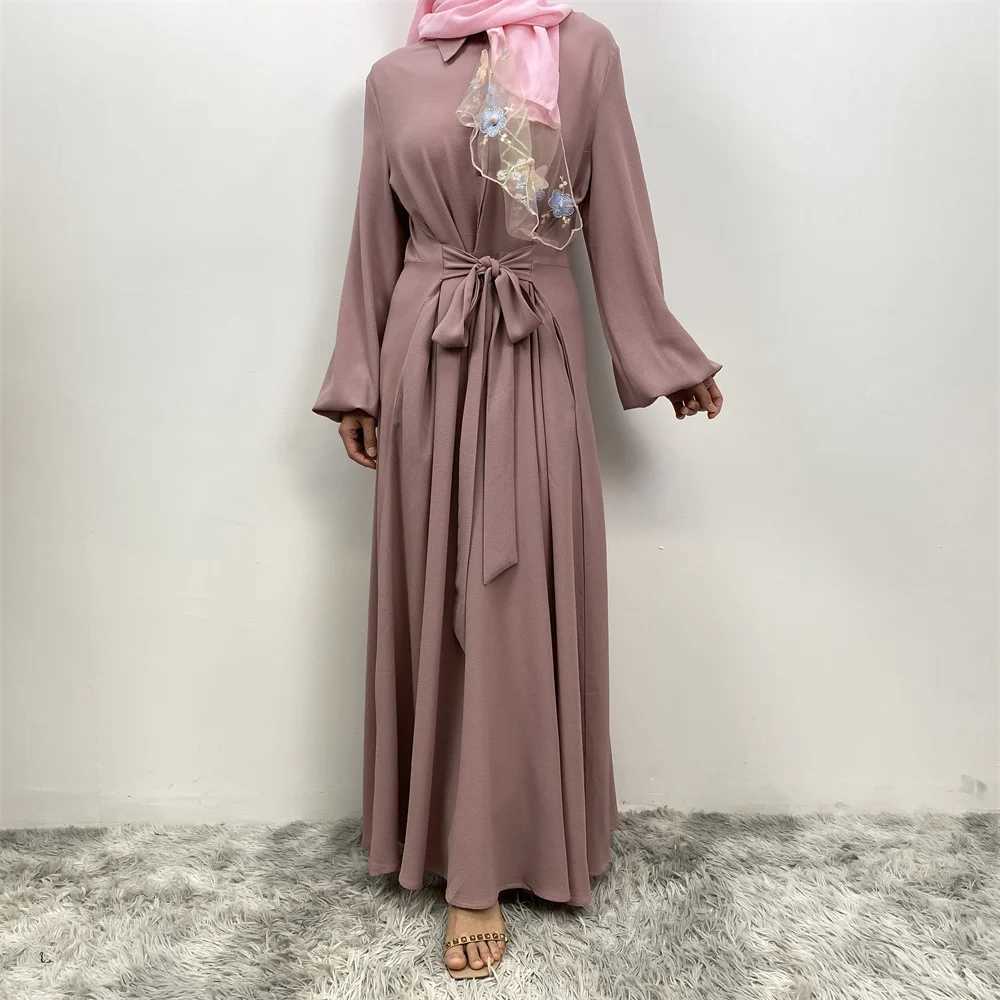 Muslim women summer hot sale chiffon dress Middle East Dubai Turkey solid color loose button elegant temperament dress with pock X250514