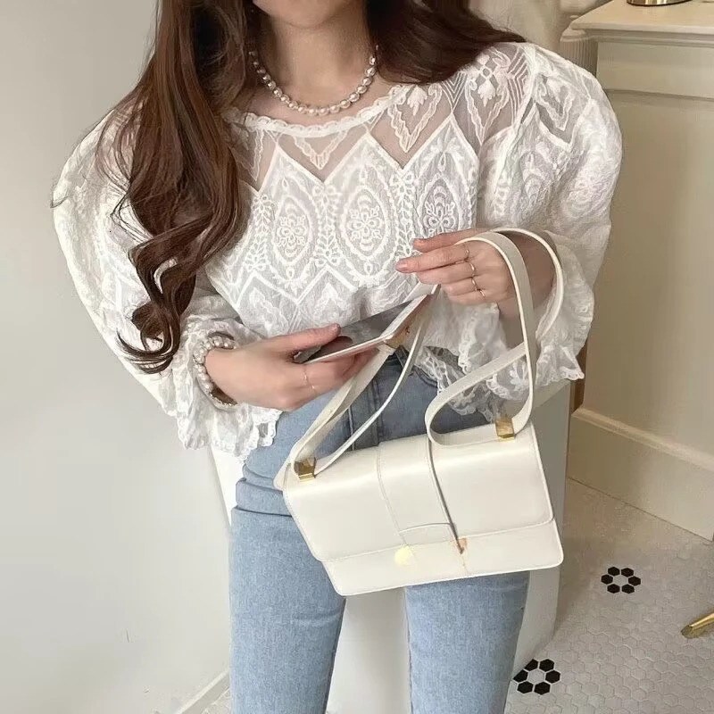 REALEFT Spring Summer Hollow Out Lace Crochet Womens Blouses Solid Long Sleeve Oneck Casual Shirts Top for 250514