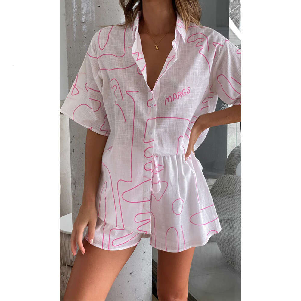 Women's Wear Short Sleeved Shirt And Shorts For Women In Summer , Casual Letter Abstract Line Printed Two-Piece Set