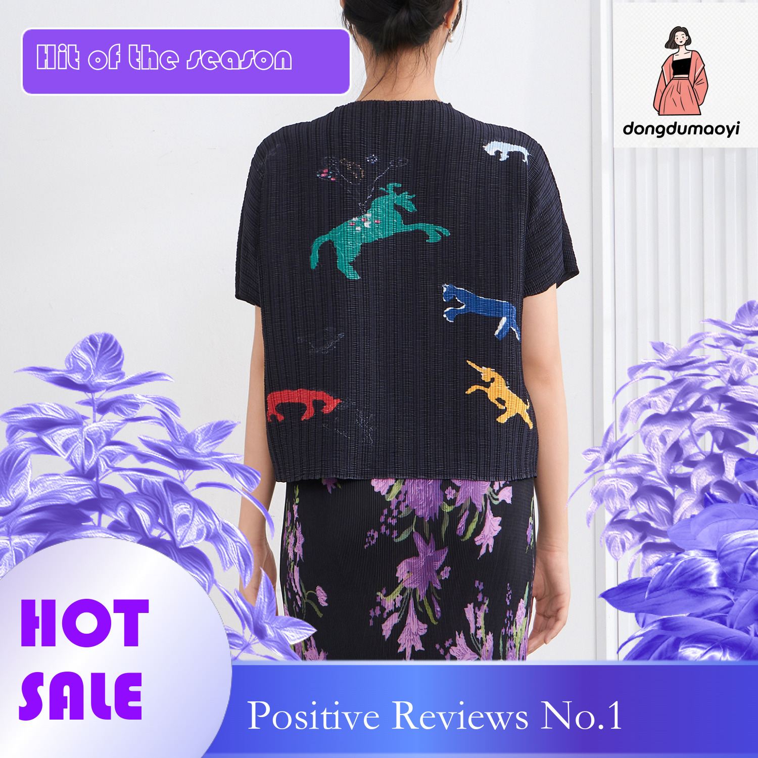dongdumaoyi Miyake round neck loose thin T-shirt women's summer new print pleated top chiffon pullover short sleeved base shirt