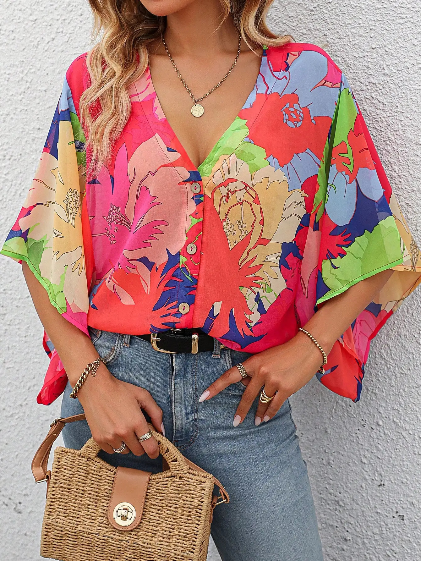 Elegant and stylish womens shirt deep Vneck button midsleeve bat sleeve fullbody printed Bohemian vacation style 250514