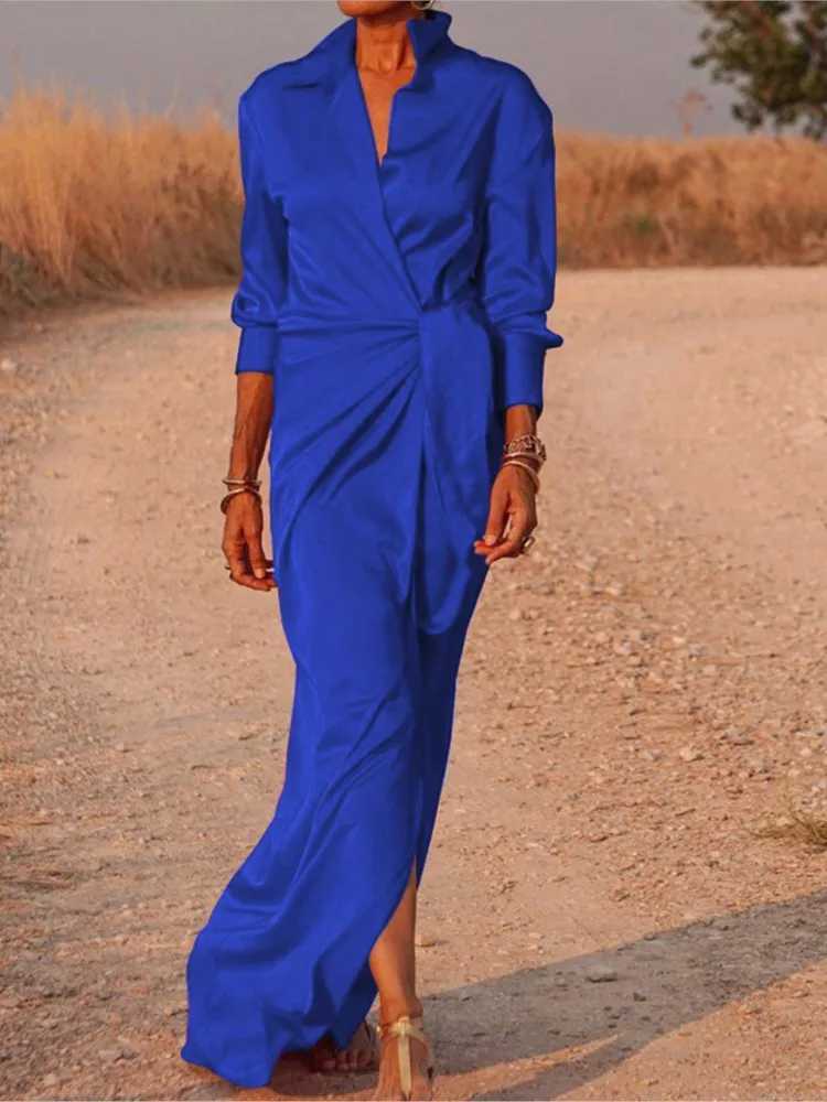 Womens Fashion Casual Split Long Dresses Spring Autumn Lapel Long Sleeve Shirt Skirt High Waist Solid Color Loose Lace Up DressXJ250514