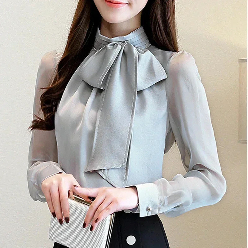 Summer Fashion Tunic Women Blouse Long Sleeve Woman Tops Tie Bow Chiffon Womens Shirts Office Lady Clothes 0599 250513