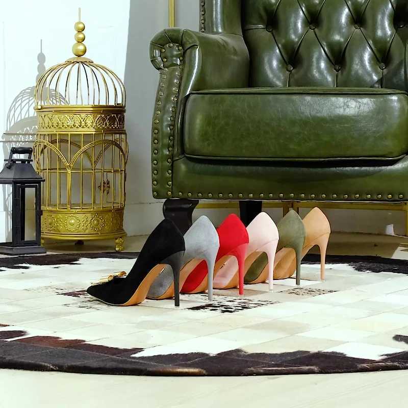 European American Style Banquet High Heels Thin Heels Shallow Mouth Pointed Toe Suede Bow Metal Buckle High Heels Single Shoes W250514